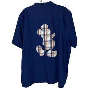 Disney Store Mickey Mouse Plaid Patchwork Blue Button Down Shirt Mens XXL NEW